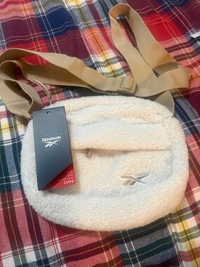 Reebok Cream Sherpa Crossbody with Tan Strap
